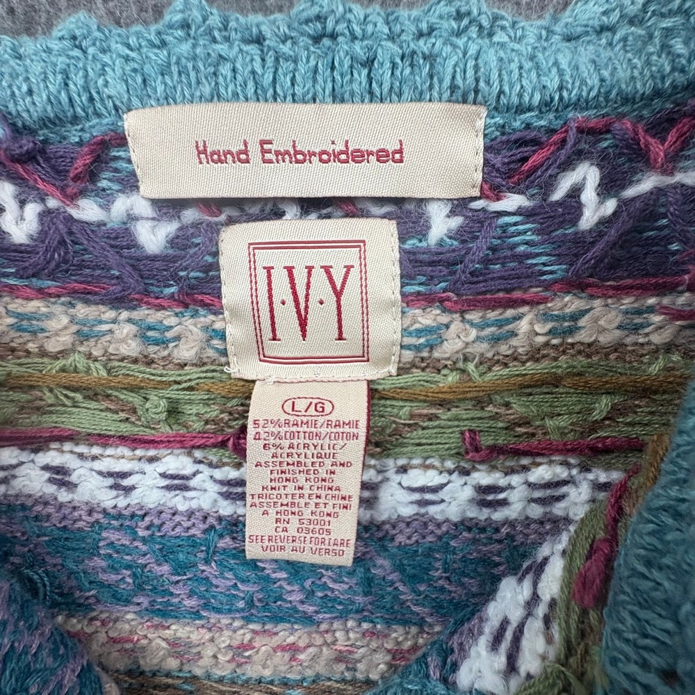Vintage IVY Women L Hand Embroidered Knit Cardigan Sweater Boho Folk Cottagecore - Picture 4 of 11